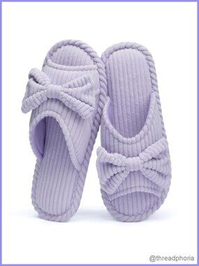 Bow Open Toe Slippers with Memory Foam & Corduroy